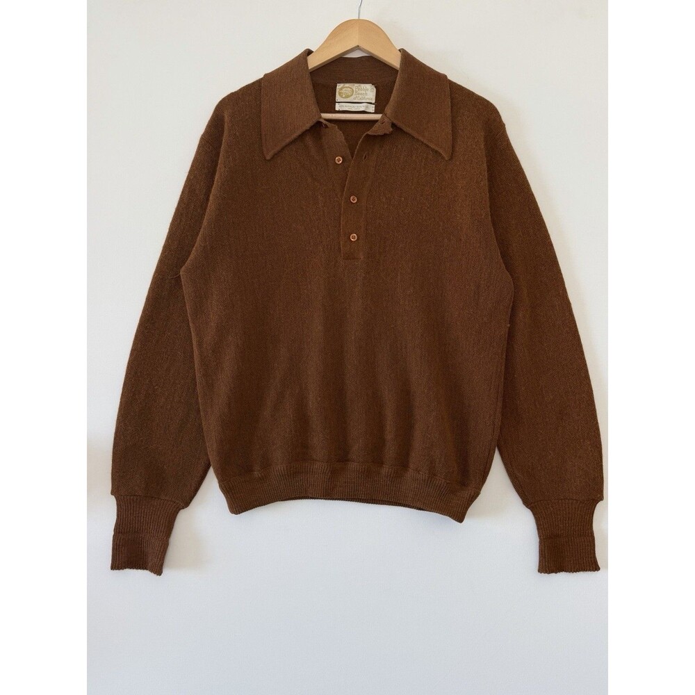 Pebble Beach Polo Sweater Mens Large Brown Alpaca Wool Blend Long Sleeve Vintage